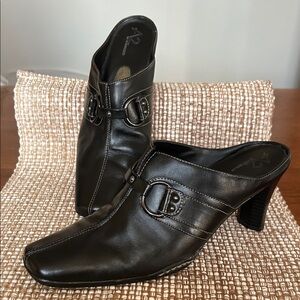 A2 By Aerosoles Leather Black Mules with Buckle Detail - size 10